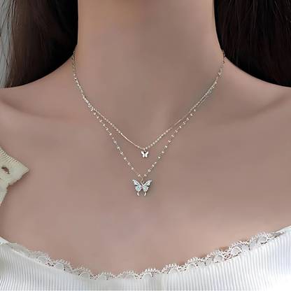 CARIA Silver Shiny Butterfly Double Layer Charming Pendant Necklace For Women Stainless Steel Pendant