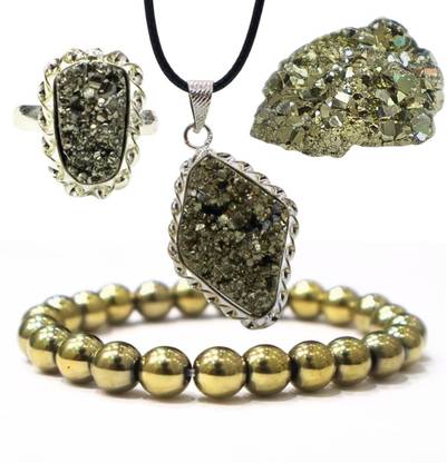 DVISHA Combo of Pyrite Adjustable Ring, Pendant, Bracelet and 30-50 Gram Pyrite Stone Agate Stone Pendant