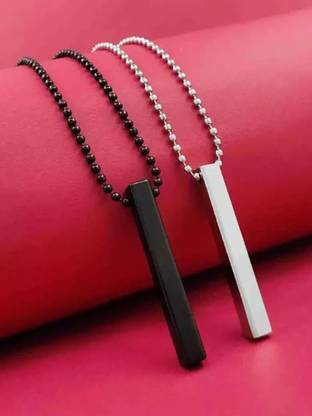 Alvira Stylish- Black 3D Vertical Bar Cuboid Stick Silver, Rhodium Alloy Locket Set