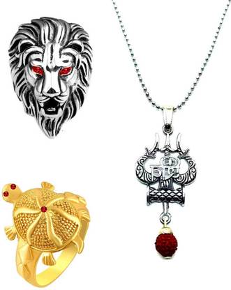 Dynamic Retail Global Shiva Mahadev Mahakal Locket Pendant Necklace Lion & Tortoise Turtle Rings Q76R Stainless Steel Pendant Set