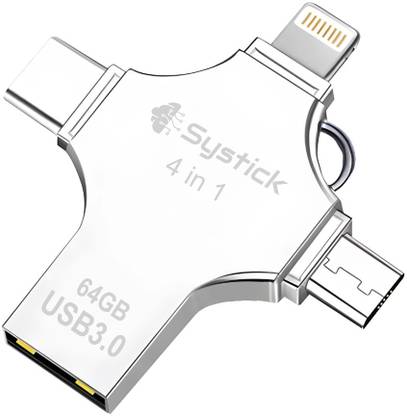 SYSTICK Flash Drive 64 GB 4 in 1 Pendrive with Light-ning, Micro USB, USB A, Type-C 64 GB Pen Drive Compatible with Audio Player, Desktop Computer, Laptop, Mobile, Television, Tablet, Netbook, Gaming Console USB 3.0 Metal Case