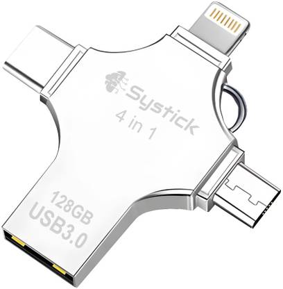 सिस्टिक Flash Drive 128 GB 4 in 1 Pendrive with Light-ning, Micro USB, USB A, Type-C 128 GB OTG ड्राइव