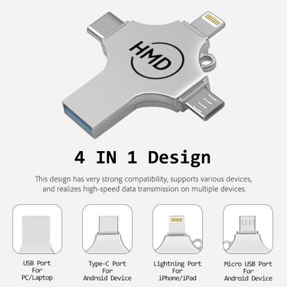 hmd 4 PORT 1 TB PENDRIVE for iOS & Android Compatible with iPhone, iPad, Android, PC 1 TB OTG Drive Compatible with Desktop Computer, Gaming Console, Laptop, Mobile, Netbook USB 3.0, USB 3.1 Metal Case