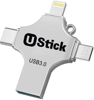 UStick Pendrive 128GB 4 in 1 with Light-ning, Micro USB, USB A, Type-C Interface 128 GB OTG Drive Compatible with Desktop Computer, Gaming Console, Laptop, Mobile, Netbook, Tablet, Television USB 3.1 Metal Case