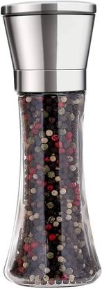 Tansa Stainless Steel Top and Glass Body Salt and Pepper Grinder Crusher Glass Squeeze Mill