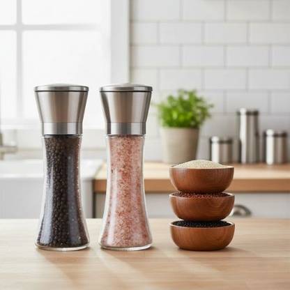 Baskety Pepper Grinder Glass Salt or Pepper, Set of 2 Big Glass Squeeze Mill