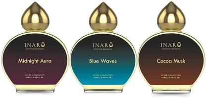 INARO 3x12ml Luxury Attar Collection: Midnight Aura, Blue Waves & Cocoa Musk, Unisex Eau de Parfum  -  36 ml