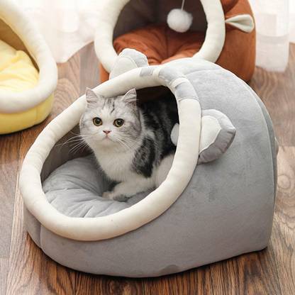 Lyla Large Cat Beds with Ball Cushion Basket Warm Portable for Kitten Gray Cat Ears S M Pet Bed