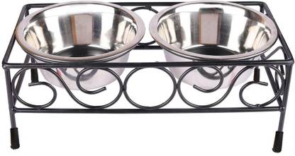 Naaz Pet Wrought Iron Dog Bowl Stand Collection Rustic Square Elevated shape Diner for Dogs and Cats Stainless Steel Food and Water Bowls With Iron Stand.Style Pet Feeder for Dog Cat, Stainless Steel Food and Water Bowls large Size(1600 ML X 2 Bowl) Suitable For Cats Kittens And large Dogs front design large black Round Stainless Steel Pet Bowl