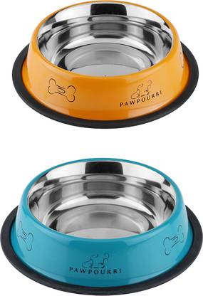 PAWPOURRI Combo of Anti-Skid Water and Food Feeding Bowls Pack of 2 Stainless Steel Pet Bowl