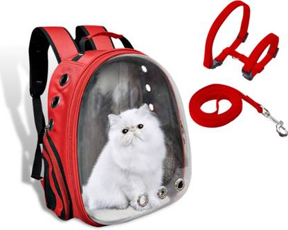Buraq "RED"Astronaut Space Transparent Capsule Air Breathable Airli ne Approved Transparent Carrier Backpack with Cat Harness . RED Backpack Pet Carrier