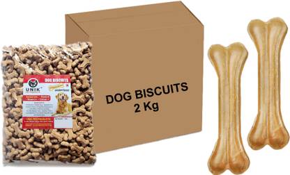 Unik Dog Chew Combo_Puppy Dog Chicken Biscuits 2 Kg & 2 Dry Chicken Leg Piece Bone, Chicken Dog Chew