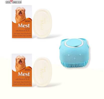 ZEE DRUGS DogMest Soap with Neem & Vitamin E + Silicone Bath Brush Anti-Fungal, Combo 150 ml Pet Coat Cleanser