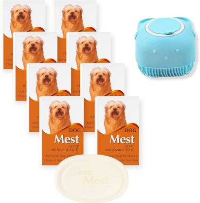 DOG Mest Soap with Neem & Vitamin E + Silicone Bath Brush Pet Bath Combo (Pack of 8) 600 ml Pet Coat Cleanser