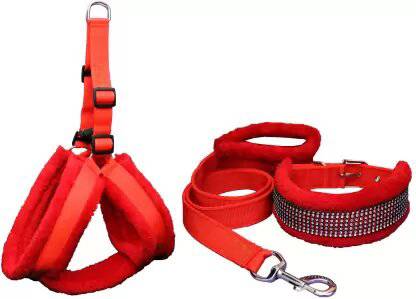 PETSPOPULAR Red Fur Adjustable Harness Collar & Leash Combo Dog Collar & Leash