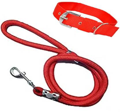 Quickato Good Nylon Dog Belt Combo of Red Dog Collar with Red Leash Lengthy Dog Collar & Leash