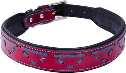 ADIL'S Leather Dog Collar, Red & Navy Thread, Metal Lock Buckle, Size S Dog Everyday Collar