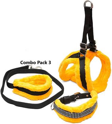 Yucky High Quality Soft Fur Adjustable Nylon Body Belt Strong all Breeds Combo Collar Dog & Cat Harness & Leash
