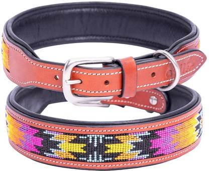 ADIL'S Beaded Leather Dog Collar, 1.5" Width, Adjustable, Natural Tan, Size S-XL Dog Everyday Collar
