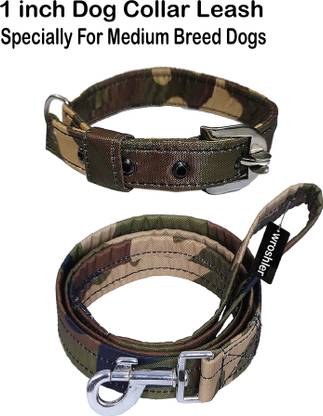 WROSHLER Dog Belt Combo of Green Army Print Dog Collar Leash Specially for Medium Breeds Dog Collar & Leash