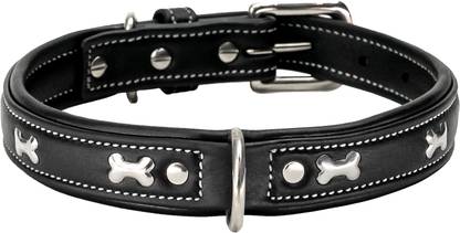 ADIL'S Bone Studded Leather Dog Collar, 1-Inch, Adjustable, Size M,Black. Dog Everyday Collar