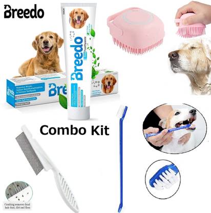 Breedo (Combo of 4 ) Toothpaste + Teeth Brush + Flea Comb + Scrub For All Breed Dogs Basic Comb for  Dog & Cat, Dog, Monkey, Rabbit, Hamster