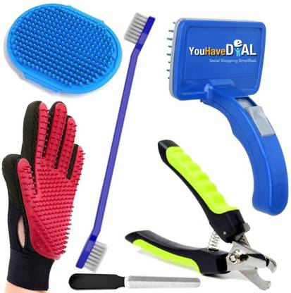 YOUHAVEDEAL Dog Grooming Nail Cutter Filer, Toothbrush, 2 Adjustable Glove (Large + Small) Slicker Brushes for  Dog, Cat, Hamster, Rabbit