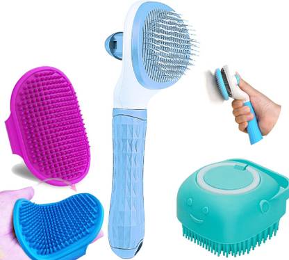 PSK PET MART 3 Pcs Pet Grooming Combo Pet Slicker Brush and Bath Brush,And Bathing gloves set Curry Comb for  Dog & Cat