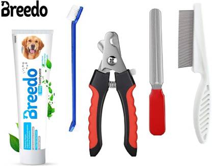 Breedo (Combo of 4) Nail Clipper + Teeth Brush + Toothpaste + Flea Comb Basic Comb for  Dog & Cat, Dog, Monkey, Rabbit, Hamster