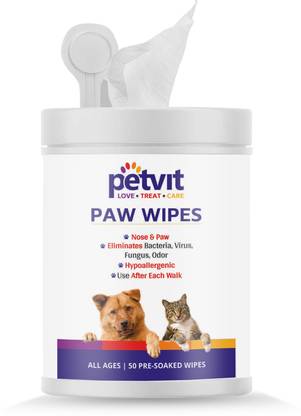 Petvit Nose And Paw Wipes For Eliminates Bacteria, Virus, Fungus, Odor - Fragrance Less 50 Wipes |For All Age Group Pet Ear Eye Wipes