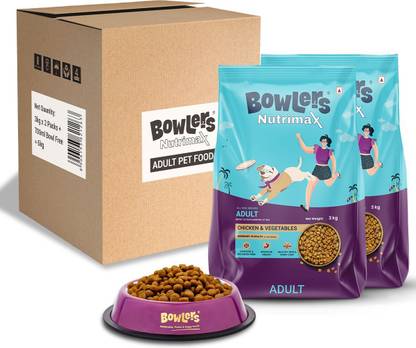 Bowlers Nutrimax Adult Chicken & Vegetables |3 kg|Economy|18 Months|Pack of 2+Bowl 700ml Chicken, Vegetable 6 kg (2x3 kg) Dry Adult Dog Food