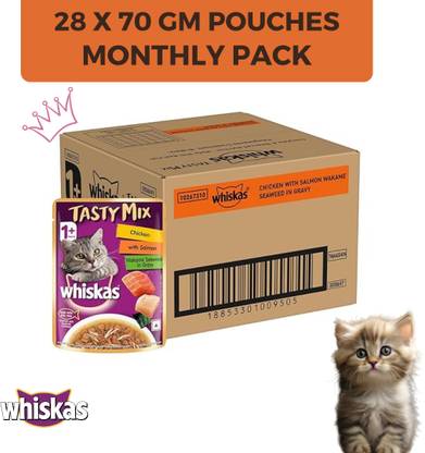 Whiskas Tasty Mix Chicken with Salmon, Pack of 28 x 70g Chicken, Salmon 1.96 kg (28x0.07 kg) Wet Adult Cat Food
