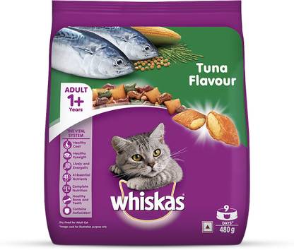 Whiskas Adult (+1 year) Tuna Flavour Dry Cat Food - 480 gm Tuna 0.48 kg Dry Adult Cat Food