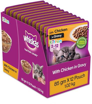 Whiskas Chicken in Gravy Kitten (2-12 months) Wet Cat Food - 85 gm (Pack Of 12) Chicken 1.02 kg Wet Young Cat Food