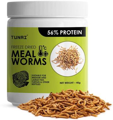 TUNAI Freeze Dried Meal Worms for Medium and Large Size Aquarium Fish 56% Protein Mealworm 0.04 kg Dry Adult, New Born, Senior, Young Fish Food