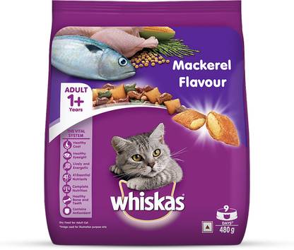 Whiskas Adult (1+ year) Mackerel Dry Cat Food - 480 gm Mackeral 0.48 kg Dry Adult Cat Food
