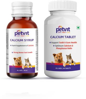 Petvit Calcium Syrup – 100ml & Calcium Tablet – 60 Chewable Palatable Tablets(Combo) Pet Health Supplements