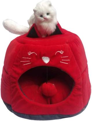 PetFur Cat House Soft Hut Frustum-Shape Bed Hideout with Removable Cushion (Color- Red) Dog, Cat, Rabbit, Guinea Pig, Hamster, Turtle, Mouse House
