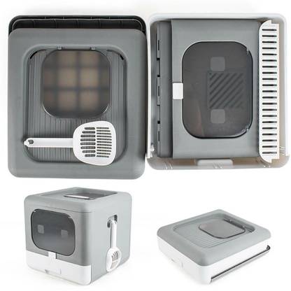 Lyla Folding Cat Litter Box W/ Lid Litter Tray Cats Toilet Pan with Scoop Gray Dog House