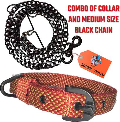 SUPER CHAIN PREMIUM 3D PRINTED Collar Combo With Diamond Cut Black Dog Chain (MEDIUM) 160 cm Dog Chain Leash