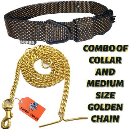 SUPER CHAIN PREMIUM 3D PRINTED Collar Combo With Diamond Cut Gold Dog Chain(MEDIUM) 160 cm Dog Chain Leash