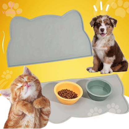 VAYINATO Grey Pet Feeding Mat with Raised Edges (44*24 cm) Cat-Shaped Design for Dog, Rabbit, Cat Pet Mat
