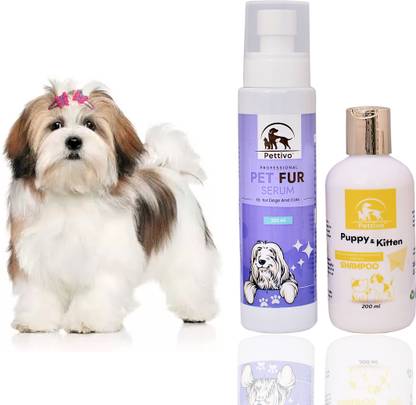 Pettivo Puppy & Kitten Shampoo 200 Ml+Pet Fur Serum 200 Ml Combo Pack Conditioning, Whitening and Color Enhancing Coco Fragrance, Green Apple Dog Shampoo