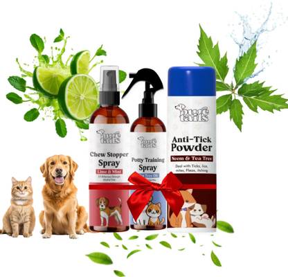 Pure Tails Dog Combo 3 | Chew Stopper 200ml + Potty Spray + Anti Tick Powder 120g Anti-fungal, Anti-Bacterial Natural Dog, Cat Shampoo