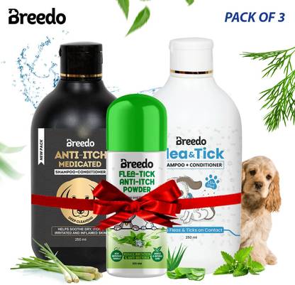 Breedo Dog (Combo of 3) Anti-Itch Shampoo + Flea-Tick Shampoo + Powder 140 Gm Allergy Relief, Conditioning, Anti-fungal, Anti-microbial, Anti-itching, Anti-dandruff Natural Dog Shampoo