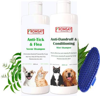 ROMSAY Tick & Flea Neem Shampoo + Anti Dandruff & Conditioning Mint Shampoo + Pet Brush Allergy Relief, Anti-dandruff, Flea and Tick, Anti-microbial, Anti-itching, Hypoallergenic Neem, Mint Dog Shampoo