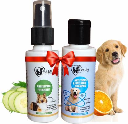 Pet Life Anti Ticks & Lice Neem Dog Shampoo 60ml+ Dog Antiseptic Freshener Spray 60ml Flea and Tick, Conditioning, Anti-itching, Anti-fungal Fresh Fragrance, Safe Deodorizer Freshener, All Dog Breed Dog Shampoo