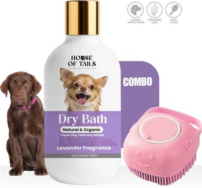 House Of Tails Dry Bath Pet Shampoo Spray + Pink Bath Brush Anti-Bacterial, Anti-fungal, Allergy Relief, Anti-microbial Lavendar Dog, Cat Shampoo