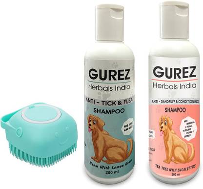 Gurez Anti-tick and Flea dog shampoo + conditioning pet shampoo + message pet brush Flea and Tick, Anti-dandruff, Conditioning, Allergy Relief, Anti-fungal, Anti-itching Neem (COMBO PACK ), Eucalyptus Dog Shampoo