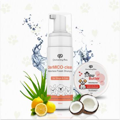 ENCHANTING PETS DerMICO Clean Waterless Foam Shampoo, Innovative Formula for Waterless Bathing, Conditioning Enriched with Conditioner, Ideal for Old & Sick Pets, Paw Butter 15ml with Cat & Dog Shampoo